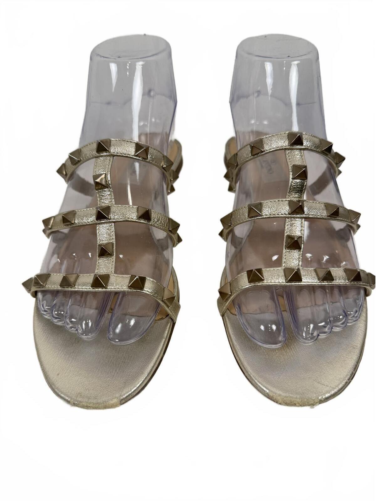 Valentino Garavani Rockstud Flat Metallic Lappa Sandals Antique Brass Sz 37 (7)